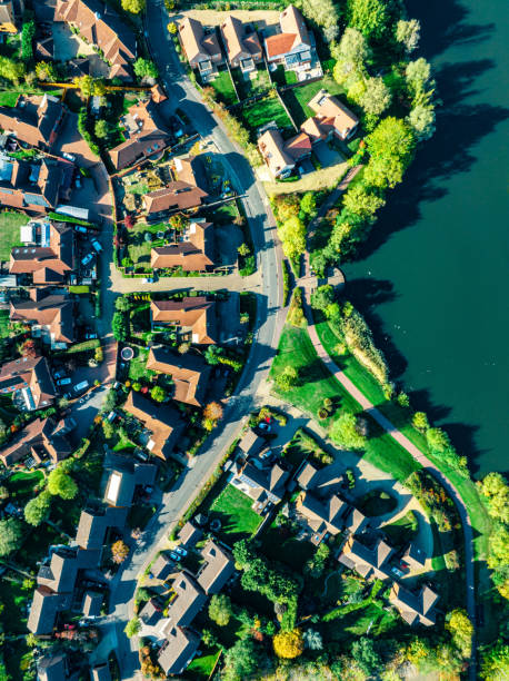 Aerial footage of as typical suburban housing estates in the British town of Milton Keynes