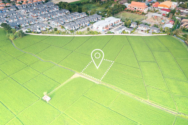 Land plot in aerial view. Identify registration symbol of vacant area for map. Real estate or property for business of home, house or residential i.e. construction, development, sale, rent, buy.